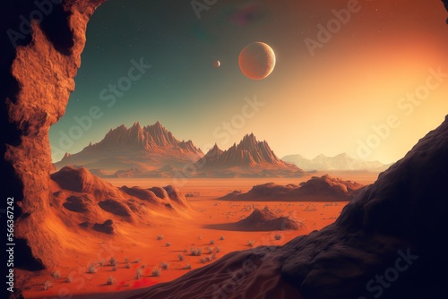 Mars the red planet - landscape with desert and mountains. generative ai