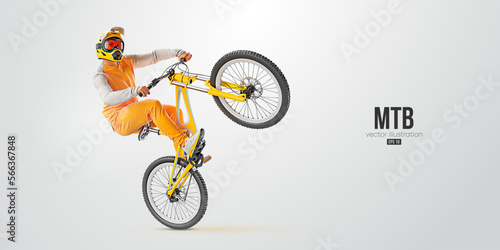Realistic silhouette of a mtb rider  man is doing a trick  isolated on white background. Mountain cycling sport transport. Vector illustration