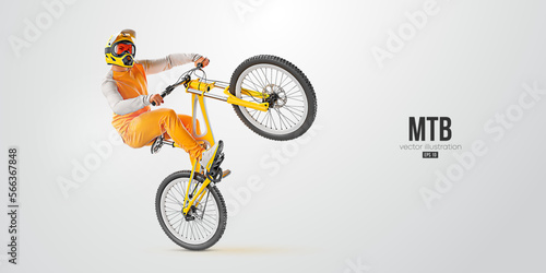 Realistic silhouette of a mtb rider, man is doing a trick, isolated on white background. Mountain cycling sport transport. Vector illustration