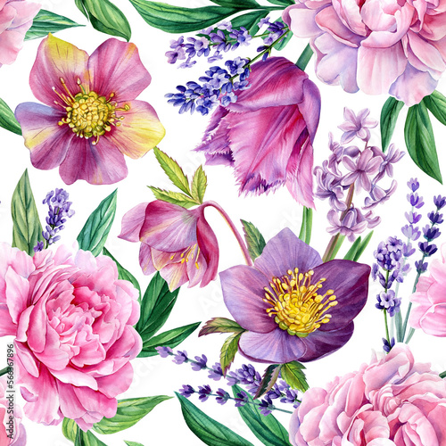 Beautiful seamless pattern with watercolor flowers peonies  tulips  lavender  flora wallpaper