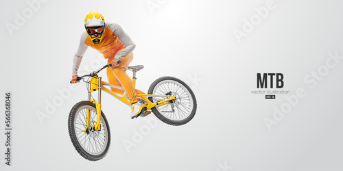 Realistic silhouette of a mtb rider, man is doing a trick, isolated on white background. Mountain cycling sport transport. Vector illustration