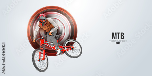 Realistic silhouette of a mtb rider, man is doing a trick, isolated on white background. Mountain cycling sport transport. Vector illustration