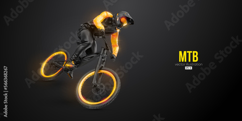 Abstarct silhouette of a mtb rider, man is doing a trick, isolated on black background. Mountain cycling sport transport. Vector illustration