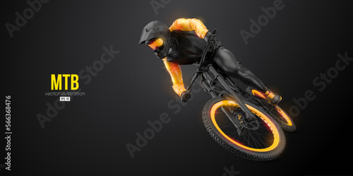 Abstarct silhouette of a mtb rider, man is doing a trick, isolated on black background. Mountain cycling sport transport. Vector illustration