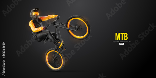 Abstarct silhouette of a mtb rider, man is doing a trick, isolated on black background. Mountain cycling sport transport. Vector illustration