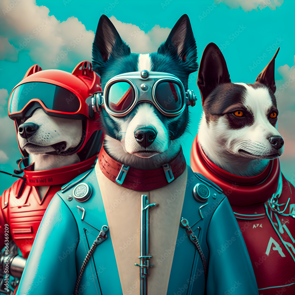 Dogs biker gang, dressed in red and blue retro latex jumpsuits ...