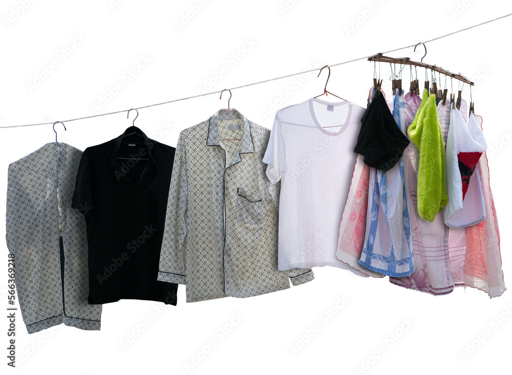 washed shirts and towels with coat hangers hanging to dry on clothesline,  isolated, transparent png Stock Photo | Adobe Stock