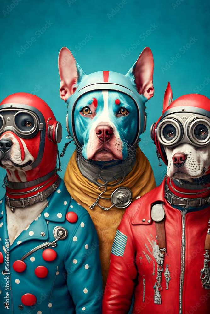 Dogs biker gang, dressed in red and blue retro latex jumpsuits Generative AI Dogs biker gang, dressed in red and blue retro latex jumpsuits Generative AI
