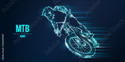 Abstract silhouette of a mtb rider, man is doing a trick, isolated on blue background. Mountain cycling sport transport. Vector illustration