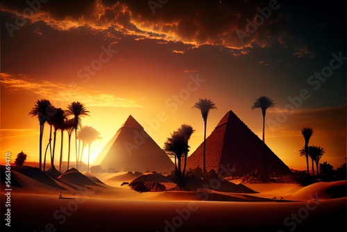 Pyramids at sunset. Cairo. Egypt. Fantasy Egyptian landscape. Generative AI