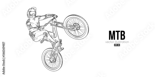 Abstract silhouette of a mtb rider, man is doing a trick, isolated on white background. Mountain cycling sport transport. Vector illustration