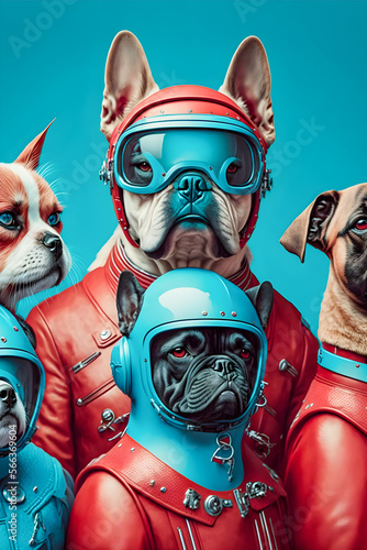 Dogs biker gang, dressed in red and blue retro latex jumpsuits Generative AI	
