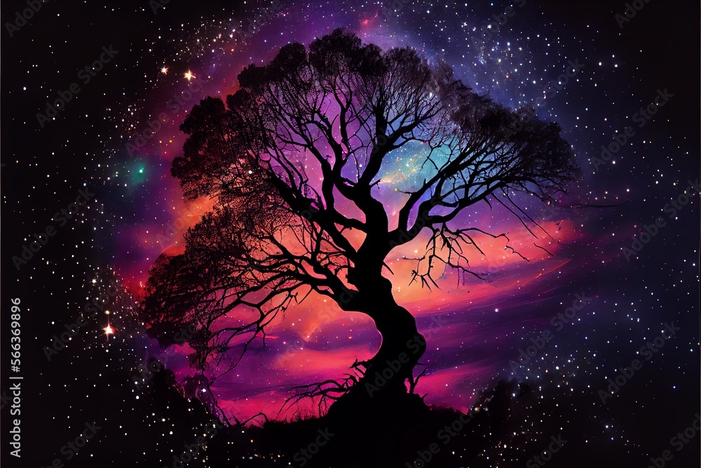 A tree silhouette with stars and a nebula. Generative AI A tree silhouette with stars and a nebula. Generative AI