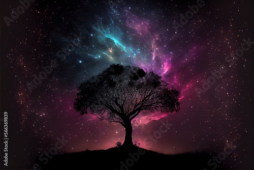 A tree silhouette with stars and a nebula. Generative AI