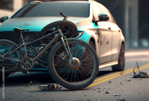 an accident between a bicycle and a car on a street, fictional abstract damage