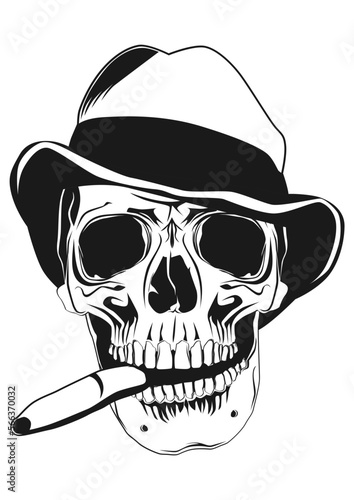 Front view of a skull with a hat and a cigar. Vector.