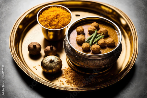 Indian food served on an antique Brass plate and bowl - Post-processed Generative AI photo