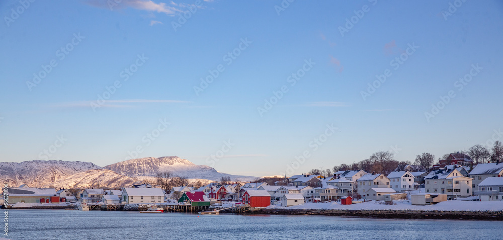 Fototapeta premium Winter landscape in Sørbyen - Brønnøysund city, Helgeland, Norway, Europe