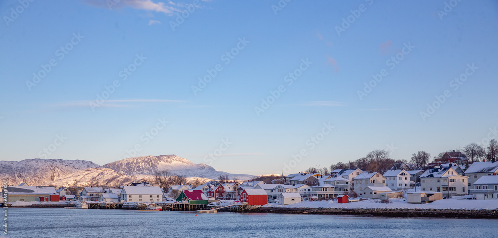 Winter landscape in Sørbyen - Brønnøysund city, Helgeland, Norway, Europe