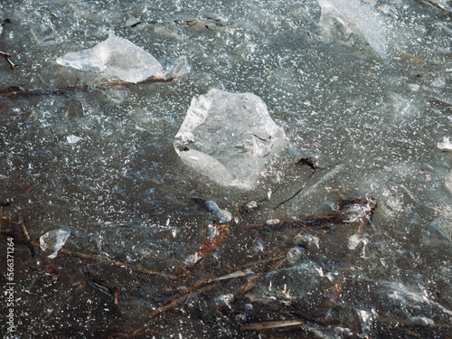 ice on the river. pieces of ice on a frozen river.