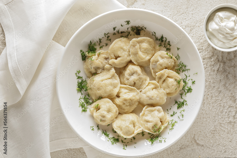 Plate of boiled dumplings with sour cream sauce on white textured background Plate of boiled dumplings with sour cream sauce on white textured background