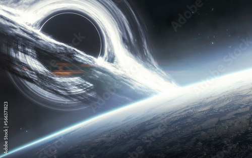 Fototapeta Naklejka Na Ścianę i Meble -  3D illustration of Huge black hole warps space around. 5K realistic science fiction art. Elements of image provided by Nasa