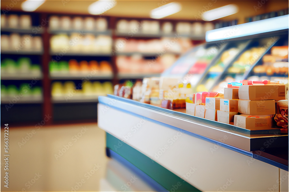 Blurry supermarket background with a counter at the foreground with lots of copy space, generative AI