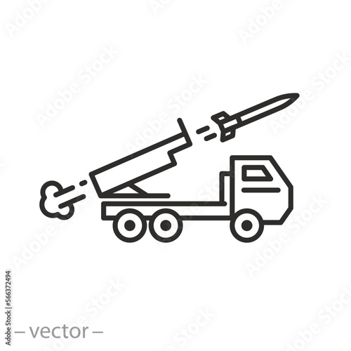 mobility artillery icon, rocket launcher system, thin line symbol on white background - editable stroke vector illustration