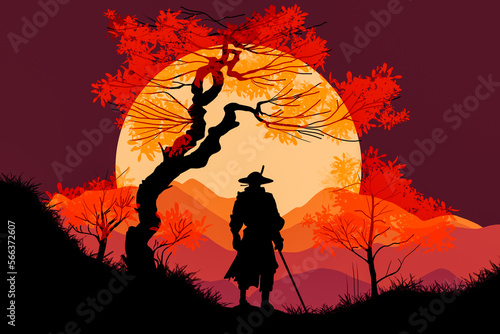 Silhouette of a samurai at sunset