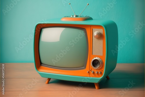 Retro Orange And Red TV On Turquoise Background Generative AI