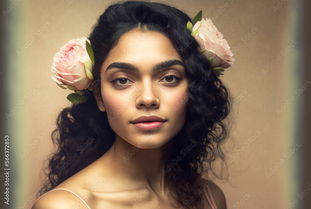 young adult latina or brazilian woman with roses in her hair and a friendly personable happy demeanor