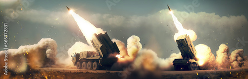 panoramic view of a generic military battalion defense system shooting missiles during a special operation, wide poster design with copy space area photo