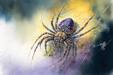 Digital watercolor painting of a spider on the web