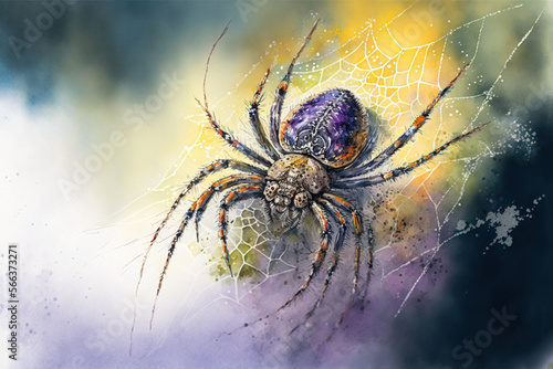 Digital watercolor painting of a spider on the web