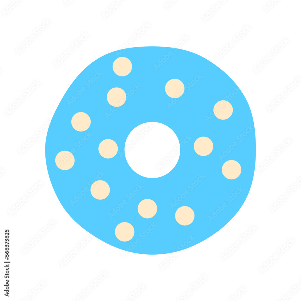 Flat blue donut decorated with circle sprinkles. Tasty baked unhealthy frosting dessert isolated on white background. Glazed doughnut top view art. Delicious junk food creative vector illustration. Flat blue donut decorated with circle sprinkles. Tasty baked unhealthy frosting dessert isolated on white background. Glazed doughnut top view art. Delicious junk food creative vector illustration.