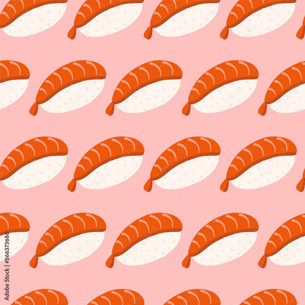 Seamless pattern with sushi and shrimp on a pink background Seamless pattern with sushi and shrimp on a pink background