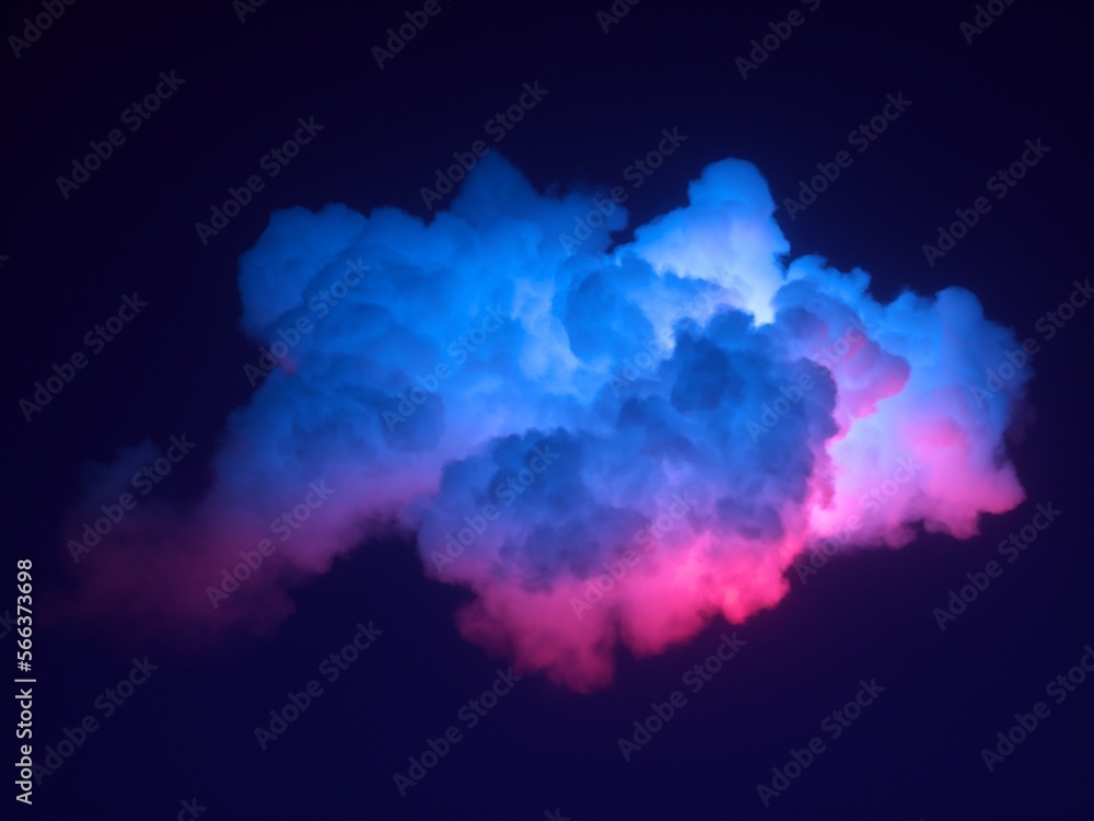 3d rendering, abstract neon cloud glowing from inside with pink blue light, isolated on dark blue background. Stormy cumulus