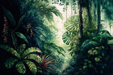 Watercolor jungle Background. Beautiful landscape in 4K