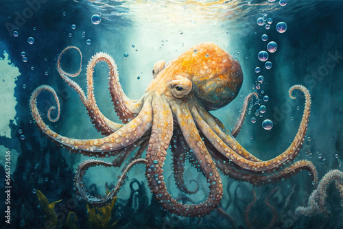 Digital watercolor painting of an octopus in the water. 4K Landscape
