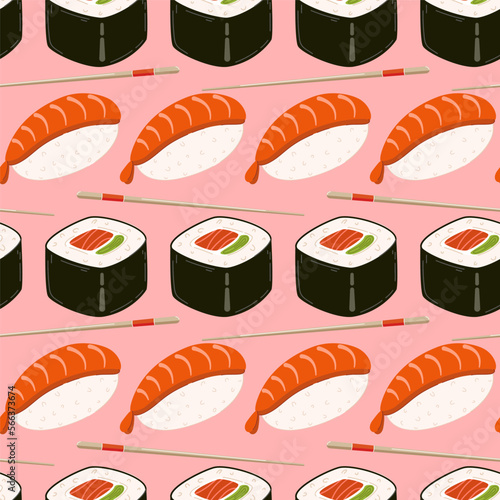 Seamless bright pattern with sushi and chopsticks