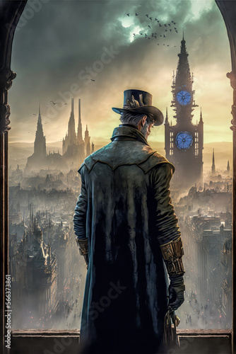 A Steampunk gentleman looking at cityscape of alien futuristic planet. ai generated fine art composite 