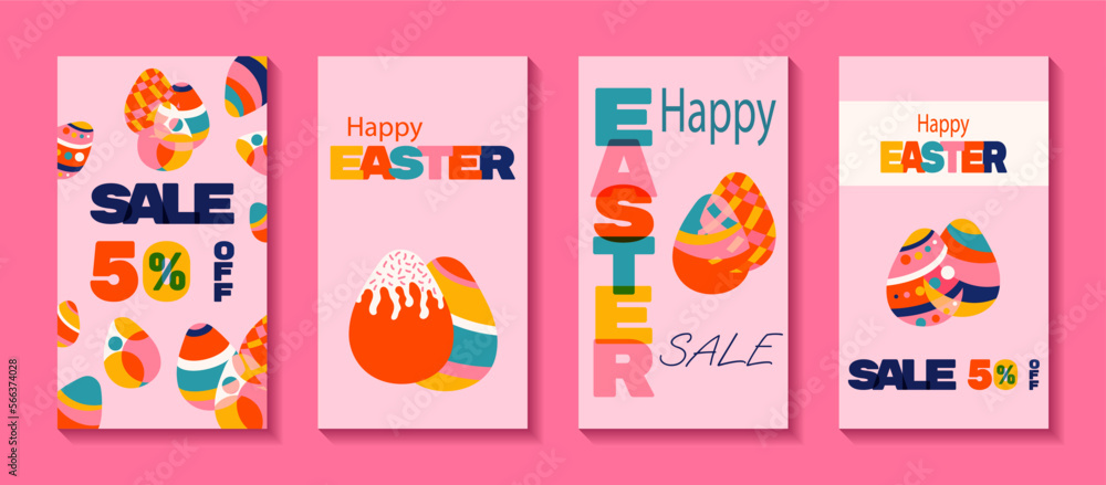 Set of Happy Easter sale posters vector illustration. Four vertical background templates with eggs and bold typography. For social media posts, mobile apps, greeting cards
