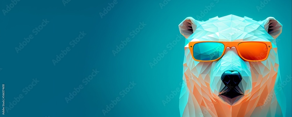 Polar Bear wearing sunglasses on a solid color background, vector art, digital art, faceted, minimal panorama background. Generative AI. 