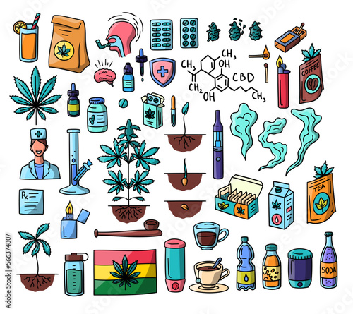 Vector hand drawn CBD infused products doodles set. Paper bag, drink, cannabis leaf, smoke, marijuana plant in soil and rasta flag illustration. Tea, milk, food and drink products isolated
