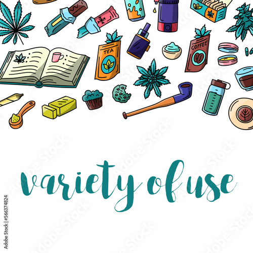 Vector hand drawn CBD infused products doodles background. Illustration with infused muffin, butter, cookbook and coffee, tea, vape and lip balm. CBD makeup and food background
