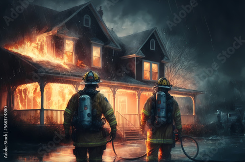 Team of firefighters put out fire ignited in house. Burn rescue service concept. Generation AI