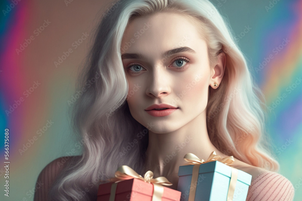 young attractive adult woman in pastel color style, blond hair, blonde, with gifts in her hands young attractive adult woman in pastel color style, blond hair, blonde, with gifts in her hands