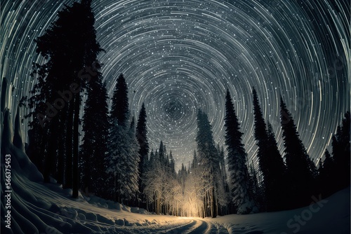 Long exposure star night in winter Forest