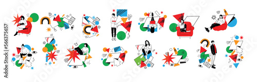 Outline characters, people in different poses and various geometric shapes and colorful abstract figures. Different mood, positions. Hand drawn vector illustration