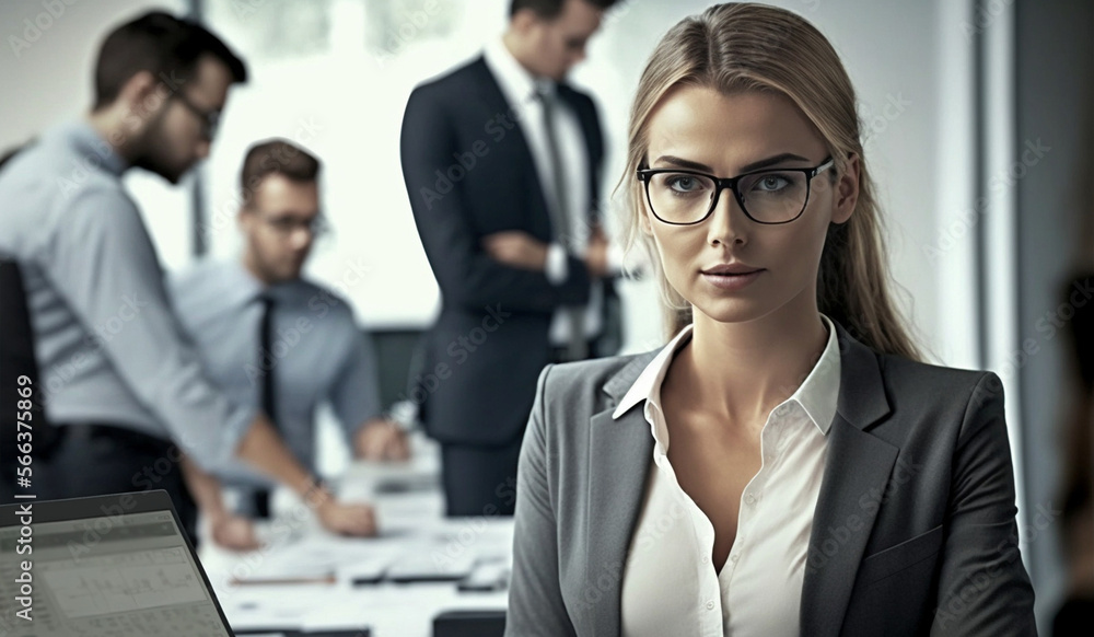 a businesswoman in a suit in a suit with a team in the background a businesswoman in a suit in a suit with a team in the background